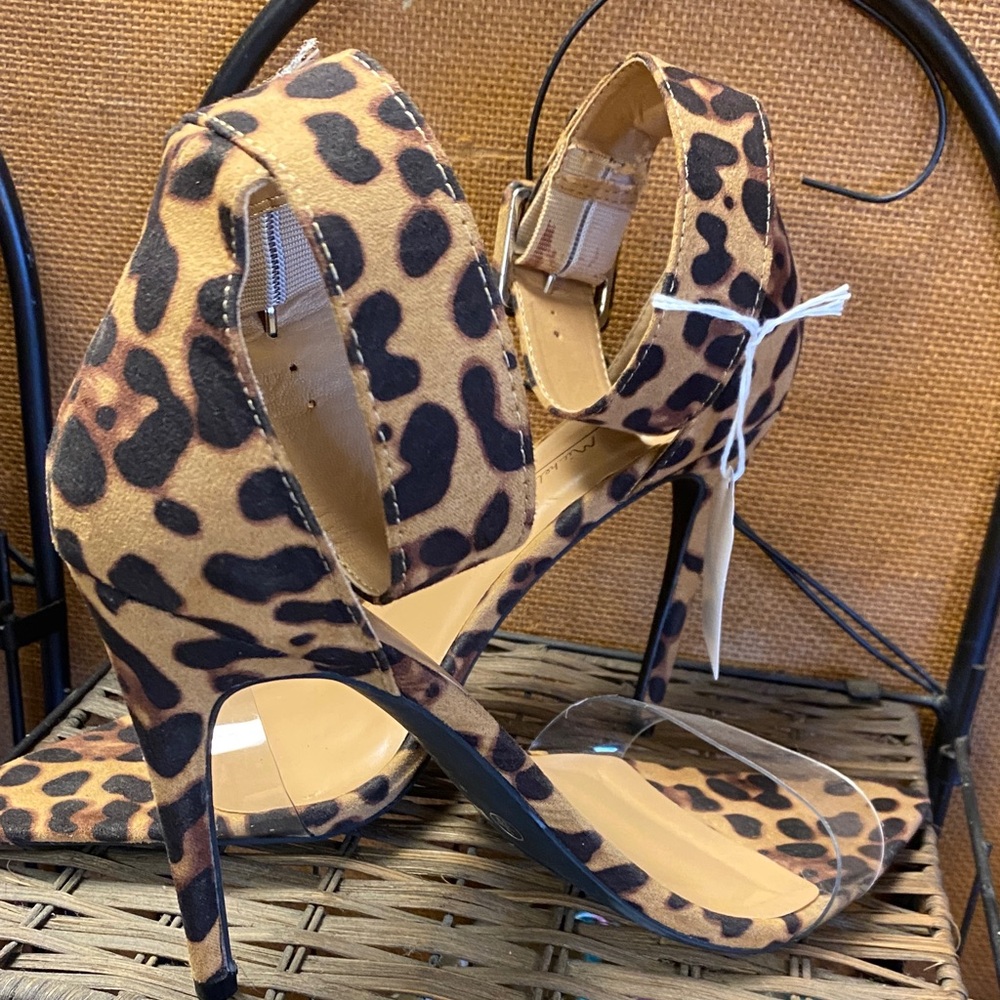 Anne Michelle Leopard Print Open-Toe Stiletto Heels in Brown and Black